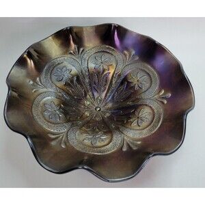 Vintage Dugan Flowers & Frames Purple Black Amethyst Ruffled Carnival Glass Bowl